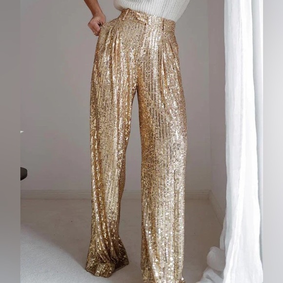 ✨ NEW Structured Wide-Leg Gold Sequin Pants | Glam Party Trousers ✨ - Picture 2 of 11